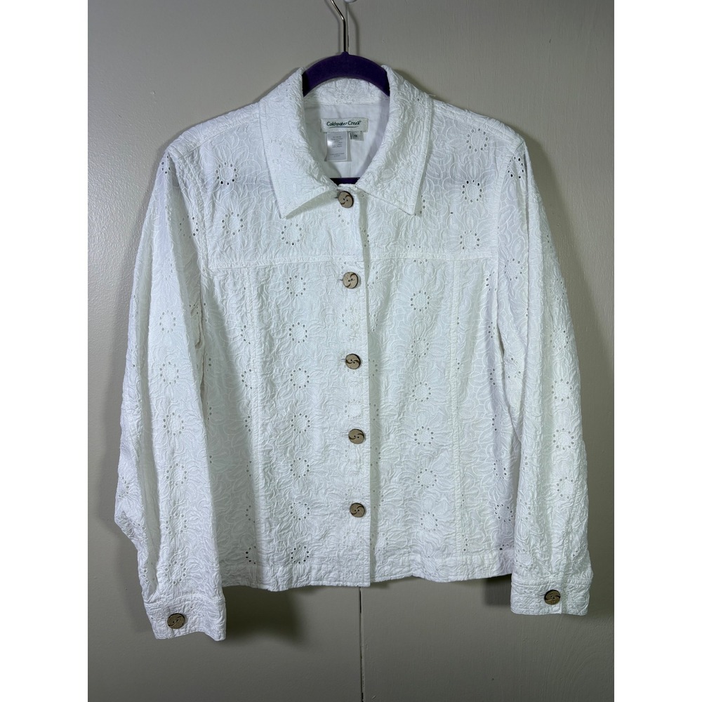 Coldwater Creek White Floral Eyelet Cotton Jacket 1X Coastal Cottagecore Boho